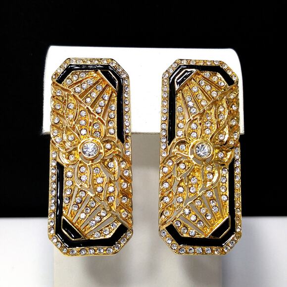 Art Deco Style Large Earrings, Clear Rhinestones, Black Enamel, 1980s Vintage - Picture 10 of 10